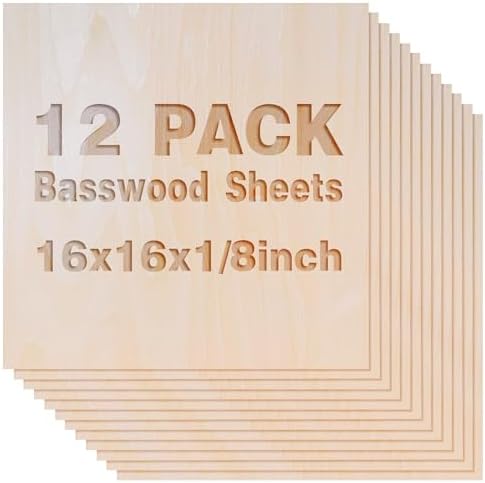 12 Pack Basswood Sheets 1/8x16x16 Inch, Unfinished Wood for Crafts, 3mm Basswood for Laser Cutting Engraving, Wood Burning, Architectural Models, Plywood Board for Painting. (16x16x1/8inch)