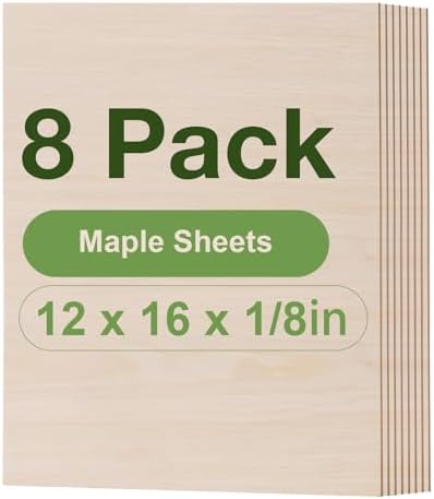 8 Pack Maple Plywood Sheets, 12 x 16x 1/8 Inch, 3mm Plywood for Laser Cutting, Thin Unfinished Wood Sheets for Architectural Models, Wood Burning and DIY Wood Crafts