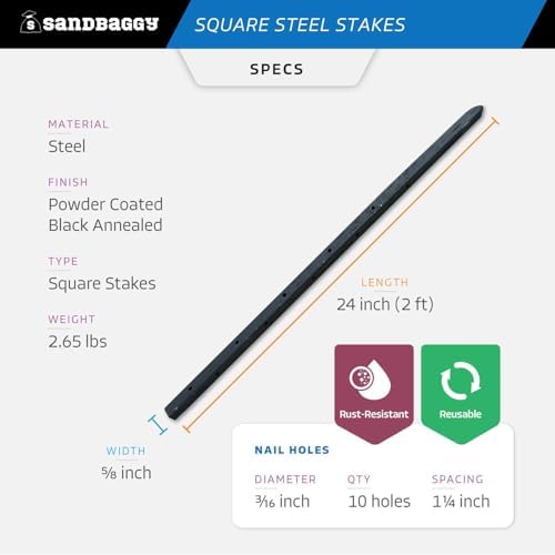 Sandbaggy 24" Square Steel Concrete Form Stakes with Nail Holes - 5/8" Wide - Rust Resistant Coating - Removable, Reusable - Construction Grade Stakes (24 inch, 300)