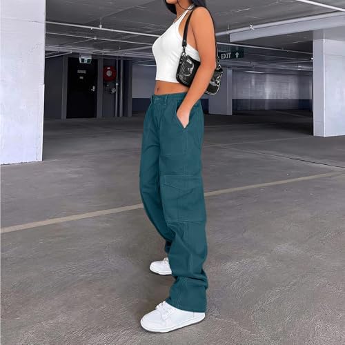 Lepunuo Cargo Pants for Women High Waisted Casual Pants Baggy Stretchy Wide Leg Y2K Streetwear with 6 Pockets