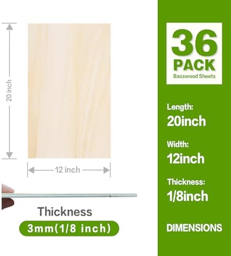 36 Pack Basswood Sheets 20"x12"x1/8", 3mm Basswood for Laser Cutting, Thin Plywood Board Unfinished Wood for Crafts, DIY Architectural Models Making, Wood Engraving, (36Packs-20inchx12inch)