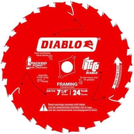 Diablo Framing Saw Blade for Wood - 7-1/4" Diameter, 24 ATB Teeth, 5/8" Arbor, .059" Kerf, 15° Hook Angle, .040" Plate, 8000 Max RPM - D0724X