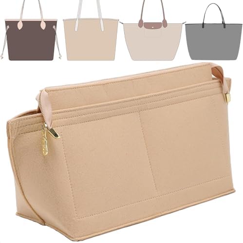 Doxo Purse Organizer Insert for Handbags, Felt Neverfull MM Organizer Insert with Cover, Tote Bag Organizer with Zipper Pocket and Bottle Holder, Fit Neverfull MM and More, Beige-L