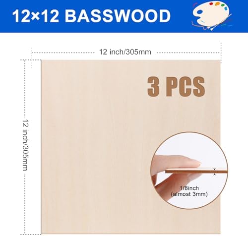 3 Pack Basswood Sheets 1/8"x12"x12", 3mm Basswood for Laser Cutting and Engraving,Thin Plywood Board Unfinished Wood for Crafts, DIY Ornaments and Architectural Model, Wood Burning.