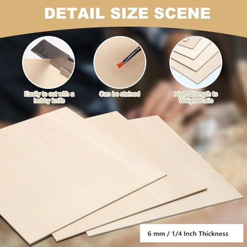 24 Pack Basswood Sheets for Crafts 12"x12"x1/4", 6mm Thick Plywood Sheets Board for Craft, Unfinished Wood Sheet for Laser Cutting & Engraving, Wood Burining, Painting, Staining，Architectural Model
