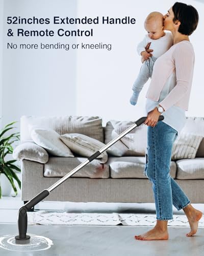 Leebein Electric Spin Scrubber, Shower Scrubber with 4 Adjustable Angles and 8 Brush Heads, Electric Scrubber with Long Handle & Remote Controller, Cleaning Brush for Bathroom, Tub, Floor (Black)