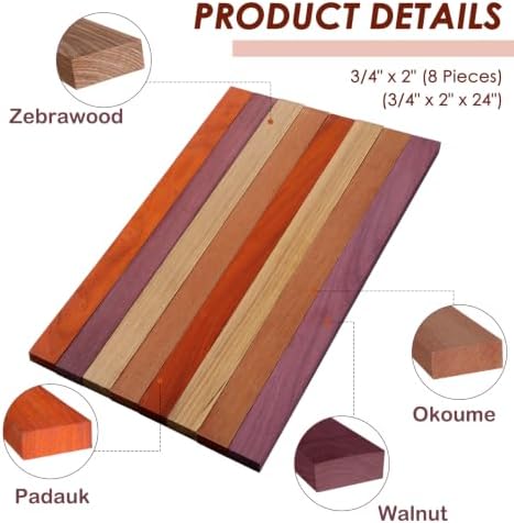 Novabright 8 Pcs Exotic Hardwood Lumber 3/4" x 2" x 24"