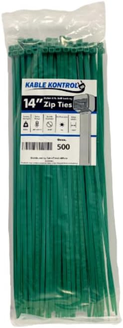 Kable Kontrol Cable Zip Ties, 14 Inch, 500 Pcs, 50lbs Test, Green | Nylon Plastic, Self Locking, UL Listed, Indoor Use