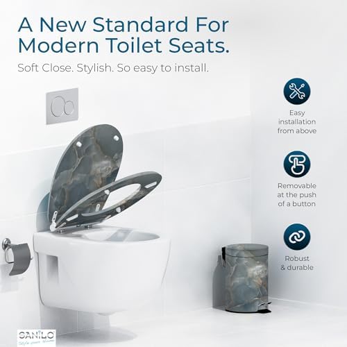 Sanilo Wooden Toilet Seat with Quick Release & Soft Close [ROUND] - Decorative & Slow Close Molded Wood Seat - With One Click for Easy Installation & Cleaning - With Adjustable Fit (Marble Italia)