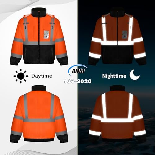 Hi Vis Rain Jackets, Reflective Safety Jacket with Pockets for Men& Women, Construction Coats for Winter Cold Weather, Waterproof Rain Gear, Class 3, Orange-Black, 4XL
