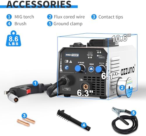 AZZUNO MIG Welder,Flux Core Welder Machine 110V 130Amp, Gasless MIG Welding Machine IGBT Inverter Welder Portable Wire Feed Welder (110V)
