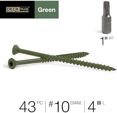 Deck Plus 4 Inch Epoxy Coated Exterior Wood and Fence Screws #10 x 4 Torx/Star Drive Included Coarse Thread, Outdoor Rust Resistant Decking Screw, Green, 1lb Box, 43 Pieces | 48409 (Pack of 2)