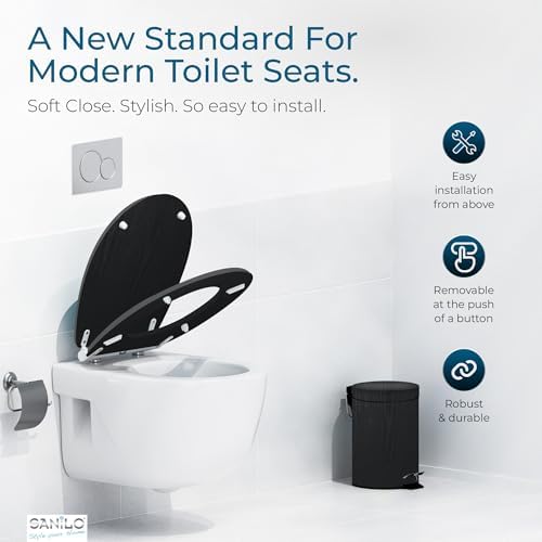 Sanilo Wooden Toilet Seat with Quick Release & Soft Close [ROUND] - Decorative & Slow Close Molded Wood Seat - With One Click for Easy Installation & Cleaning - With Adjustable Fit (Black Wood)