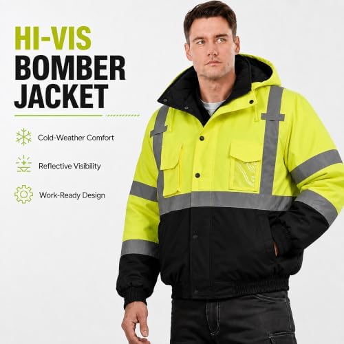 SKSAFETY Hi Vis Safety Bomber Jacket for Men, High Visibility Winter Coat