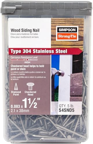 Simpson Strong-Tie S4SND5 Ring-Shank Wood Siding Nail, 1-1/2 Inch x 0.083 Inch, 14 Gauge, Full Round Head, Diamond Point, Type 304 Stainless Steel (Pack of 600)