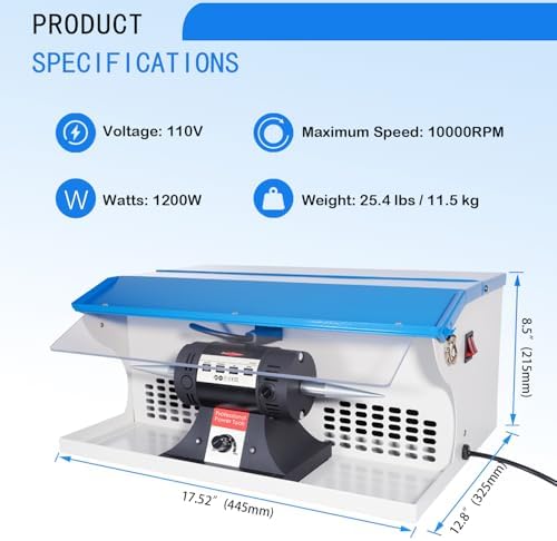 110V 1200W Jewelry Polisher Machine, Jewelry Polisher Bench Buffer with Integrated Dust Collector, Exhaust Fan, Work Light and Motor Housing