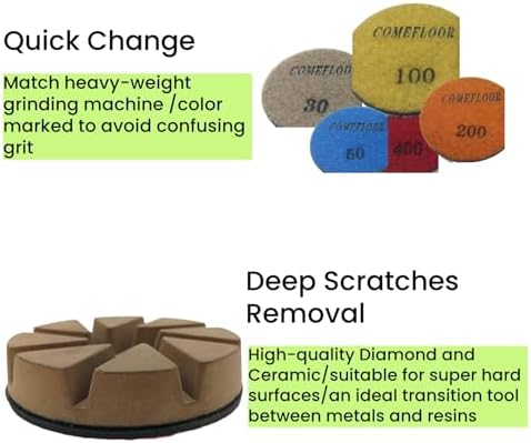 Hybrid Diamond Ceramic Polishing Pucks, Aggressive Concrete Terrazzo Floor Hook n Loop Grinding Pads, 3 Inch Long Using Life Transitional Discs,50# 9 PCS
