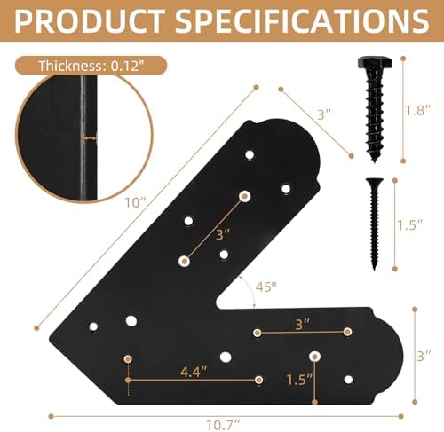 45-Degree Steel Flat Bracket, 4 Pcs Angled Brackets Flat Fixing Mending Plates Black Flat Repair Plate Bracket Corner Brace with Screws Set for Wood Lumber Timber Connectors