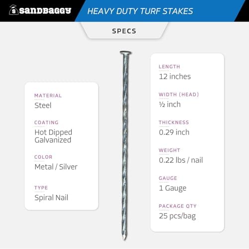 Sandbaggy 12" Heavy Duty Galvanized Artificial Turf Stakes - Spiral Landscape Nails - Ground Spikes/Pins, Synthetic Grass, Lawn, Edging, Weed Barrier Fabric (12 inch - Ultra Heavy Duty, 100, Count)