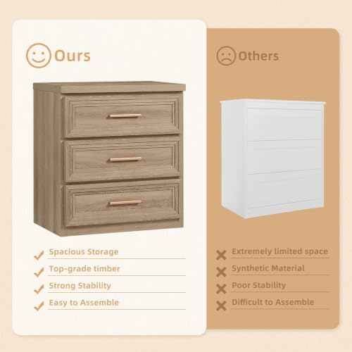 RWYHG Night Stand 3 Drawer Storage 26" Tall Wood with Gold Handle