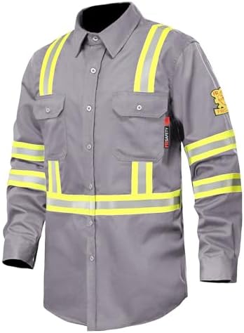 FR Shirts for Men 7oz High Visibility Fire Resistant Shirts CAT2 Welding Shirt 100% Cotton Hi Vis Flame Resistant Shirt Light Gray(6X-Large)