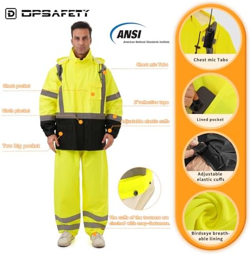 Hi Vis Safety rain Jacket，Reflective Class 3 Rain coat with Inner Mesh Lining and Pockets High Visibility Waterproof work Rain Suits for men&women（Lime,SM/MD）
