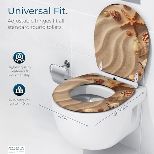 Sanilo Wooden Toilet Seat with Quick Release & Soft Close [ROUND] - Decorative & Slow Close Molded Wood Seat - With One Click for Easy Installation & Cleaning - With Adjustable Fit (Sanibel)