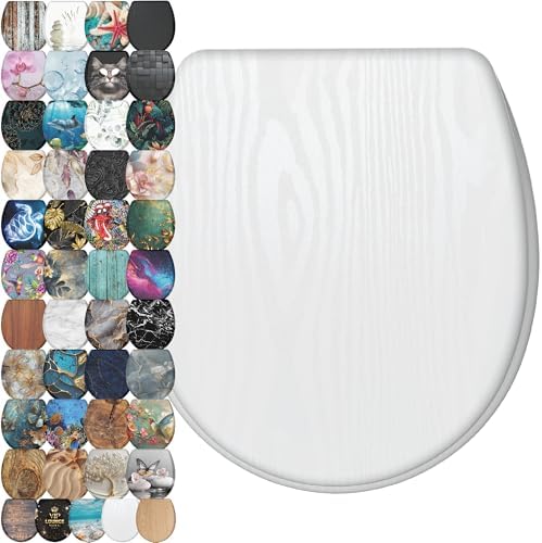 Sanilo Wooden Toilet Seat with Quick Release & Soft Close [ROUND] - Decorative & Slow Close Molded Wood Seat - With One Click for Easy Installation & Cleaning - With Adjustable Fit (White Wood)