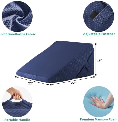 Bedluxe Wedge Pillow for Sleeping, Adjustable 9&12 Inch Foldable Bed Wedge Pillow Set, Orthopedic Memory Foam Triangle Pillows Wedge, 7-in-1 Elevated Pillows for Leg and Back Support, Navy