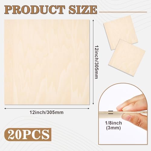 20 Pack Basswood Sheets for Crafts,12"x12"x1/8" 3mm Thick Plywood Sheets with Smooth Surfaces-Unfinished Squares Wood Boards for Laser Cutting, Wood Burning, Architectural Models, Staining
