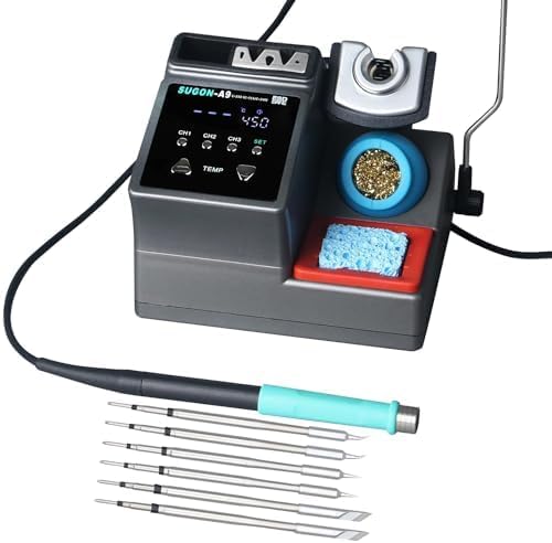 SUGON A9 245 Digital Soldering Station 3 Seconds Fast Heating, 110V Soldering Iron Station of with 6 Integrated Soldering Iron Tips Equipped, 212-842℉, Soldering Iron Replacement Rack,etc