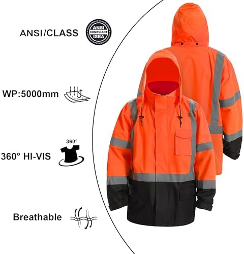 Reflective Rain jackets for men waterproof,Hi Vis Safety Coat With Reflective Strips，High Visibility Class 3 Rain jackets With 2 large pockets，Zipper,Black Bottom Orange,4XL/5XL