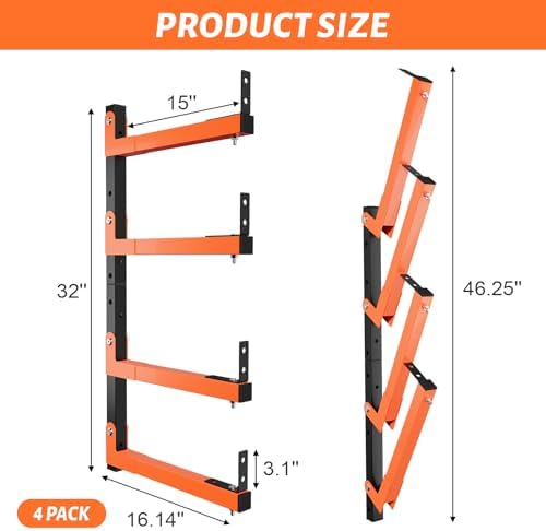 32" Lumber Storage Rack, Upgrade Folding Lumber Rack Wall Mount, Heavy Duty Adjustable Metal 8 Level Wood Storage Rack for Garage Storage Organization, 4 Packs