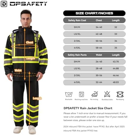 Hi Vis Safety rain Jacket，Reflective Class 3 Rain coat with Inner Mesh Lining and Pockets High Visibility Waterproof work Rain Suits for men&women（Black,SM/MD）