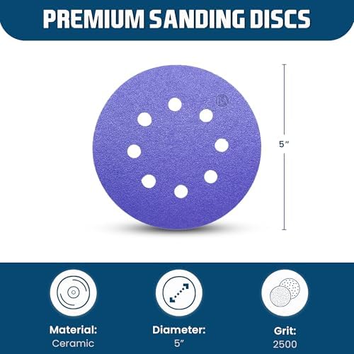 Benchmark Abrasives 5 Inch Sanding Discs Hook and Loop, Ceramic 8 Holes Adhesive Sandpaper for Surface Blending, Automotive - Orbital Sander Sandpaper (50 Discs), 2500 Grit