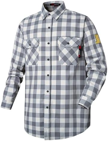 FR Shirts for Men 7oz Fire Resistant Shirts CAT2 Welding Shirt 100% Cotton Flame Resistant Shirt Grey/Plaid(X-Large)