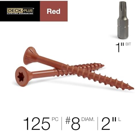 Deck Plus 2 Inch Epoxy Coated Exterior Wood and Fence Screws #8 x 2 Torx/Star Drive Included Coarse Thread, Outdoor Rust Resistant Decking Screw, Red, 1lb Box, 147 Pieces | 48427