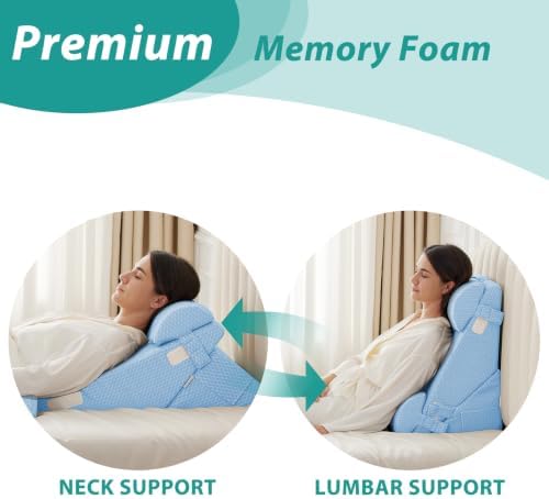 Bedluxe Adjustable 4pcs Bed Wedge Pillow Set, Memory Foam Wedges Pillow Post Surgery for Back, Neck, Leg Pain Relief, Pillows Wedge for Sleeping, Sitting up in Bed, Acid Reflux and GERD, Light Blue