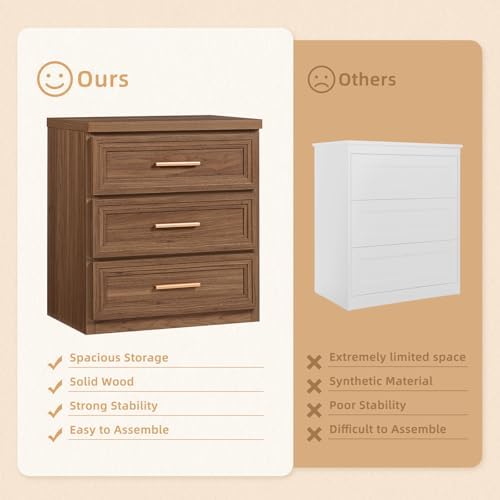 RWYHG Night Stand 3 Drawer Storage 26" Tall Wood with Gold Handle