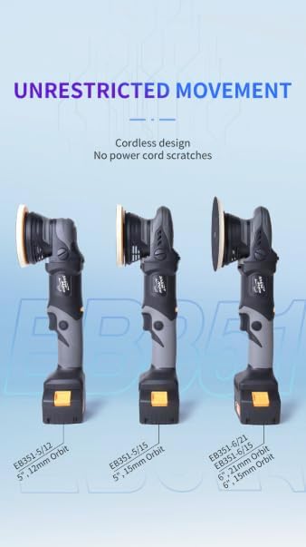 ShineMate EB351-5/15 Cordless DA Polisher Kit | Fast Paint Correction with Low Vibration | Brushless Motor with Constant Speed Control | 15 Millimeter Orbit | 5 Inch Backing Plate | 18 Volts