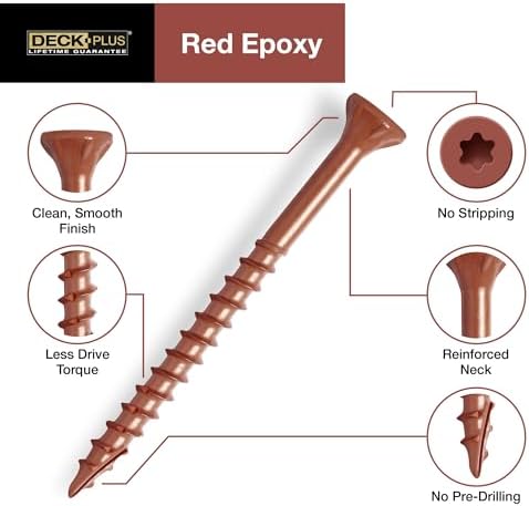 Deck Plus 1-5/8 Inch Epoxy Coated Exterior Wood and Fence Screws #8 x 1-5/8" Torx/Star Drive Included Coarse Thread, Outdoor Rust Resistant Decking Screw, Red, 1lb Box, 147 Pieces | 48425