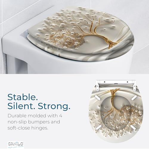Sanilo Wooden Toilet Seat with Quick Release & Soft Close [ROUND] - Decorative & Slow Close Molded Wood Seat - With One Click for Easy Installation & Cleaning - With Adjustable Fit (Tree of Life)