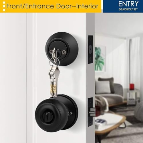 3 Pack Keyed Alike Entry Door Knobs and Double Cylinder Deadbolt Lock Combo Set, Matte Black Finished Door Lock Set, Round Style Door Knobs Deadbolt