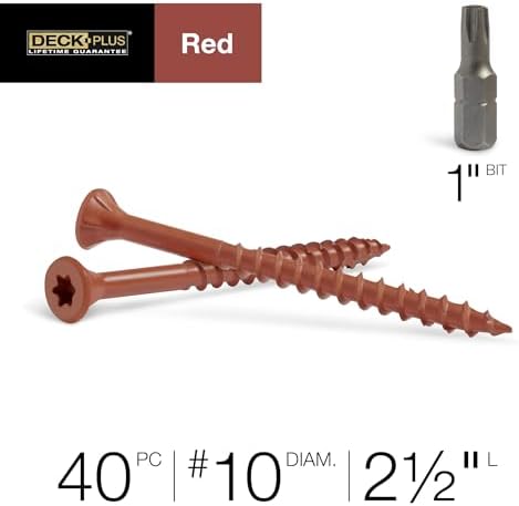 Deck Plus 2-1/2 Inch Epoxy Coated Exterior Wood and Fence Screws #10 x 2-1/2" Torx/Star Drive Included Coarse Thread, Outdoor Rust Resistant Decking Screw, Red, XL Pack, 40 Pieces | 42599
