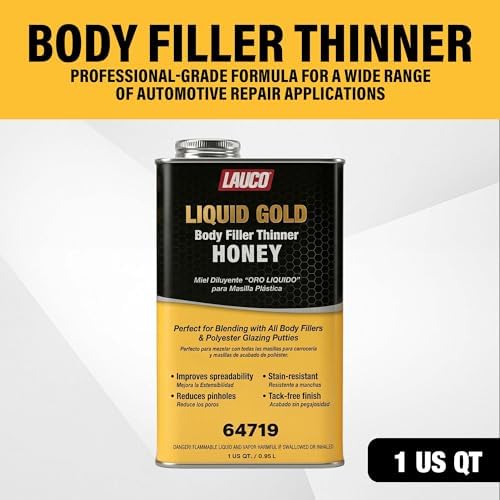 LAUCO Liquid Gold Body Filler Thinner Honey, Bridges Holes, Water Resistant, Lightweight Filler for Fiberglass, Steel, Plastics, Thinner Honey 64719