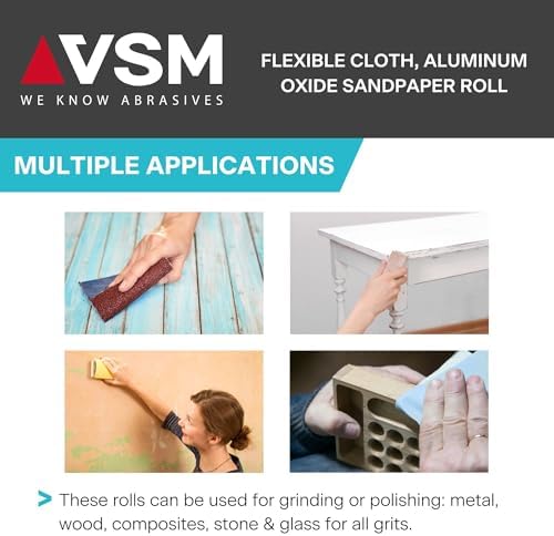 VSM 1" x 50yd (150'), 60 Grit (Medium) Aluminum Oxide Sanding Shop Roll, F-Weight Cotton Cloth Backed Sandpaper Roll for Hand Finishing, Woodworking, Metal Working, Polishing