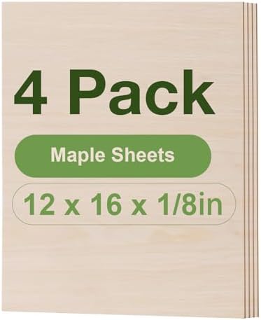4 Pack Maple Plywood Sheets, 12 x 16 x 1/8 Inch, 3mm Plywood for Laser Cutting, Thin Unfinished Wood Sheets for Architectural Models, Wood Burning and DIY Wood Crafts