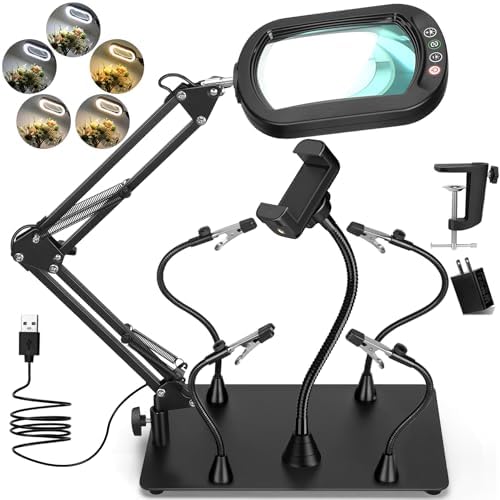 Drdefi Helping Hands Soldering Station, 10X Square Magnifying Glass with Light and Phone Holder, 4 Magnetic Third Hands Soldering Tool, PCB Holder Solder Magnifier Desk Lamp for Electronic Repair