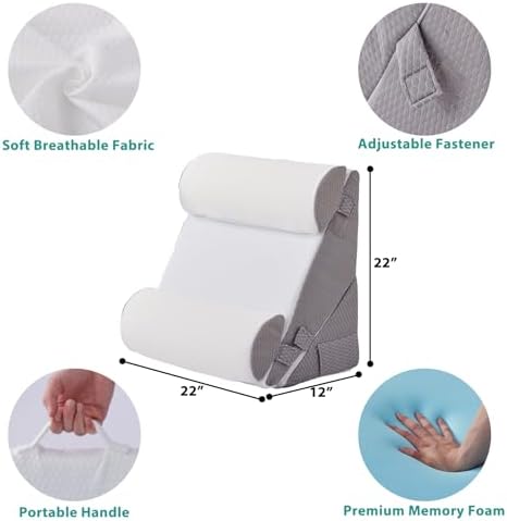 Bedluxe Adjustable 4pcs Bed Wedge Pillow Set, Memory Foam Wedge Pillows Post Surgery for Back, Neck, Leg Pain Relief, Pillow Wedge for Sleeping, Sitting up in Bed, Acid Reflux and GERD, White/Grey
