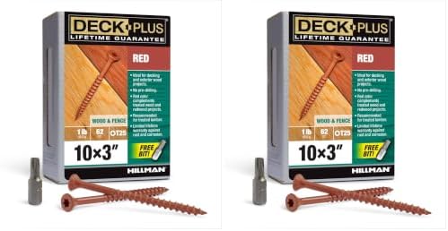 Deck Plus 3 Inch Epoxy Coated Exterior Wood and Fence Screws #10 x 3 Torx/Star Drive Included Coarse Thread, Outdoor Rust Resistant Decking Screw, Red, 1lb Box, 62 Pieces | 48432 (Pack of 2)